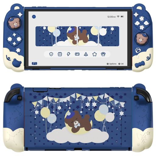 PlayVitalSwitch2用ドック対応保護カバーセットswitch2ドック対応?スイッチ2対応着脱式耐衝撃傷防止可愛いシリコングリップ&くまちゃんスティックカバー付き|おやすみベア-ミッドナイトブルー