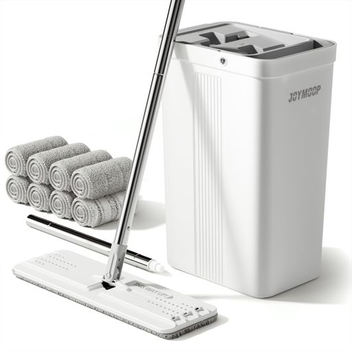 JOYMOOPモップとバケツセット手動絞り機能付きフラットフロアモップ壁掃除にも使えるロングハンドル洗って繰り返し使えるマイクロファイバーパッド8枚水拭き・乾拭き対応フローリング…