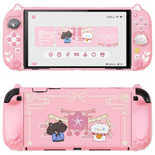 PlayVitalSwitch2用保護カバーセットswitch2ドック対応猫耳&肉球グリップ付きJoy-Conカバー付きシリコン+PC素材分体式耐衝撃傷防止調整スタンド付き|和風さくら子猫デザイン【ピンク】