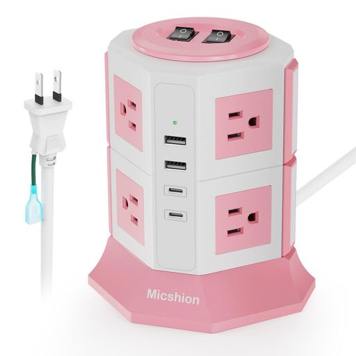 Micshion延長コード2個Type-C付電源タップタワー個別スイッチ型8個AC口2個USB-Cポート2個USB-Aポート2MUSBコンセントテーブルタップ雷ガードusb-c付きたこ足配線過負荷保護2層省エネピンク