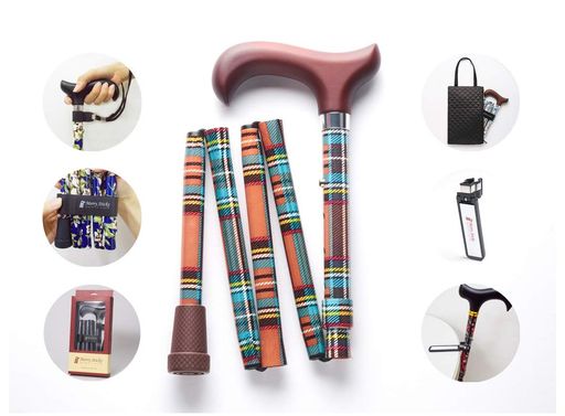 [コンボセット]MerrySticks(メリースティックス)折りたたみステッキ杖女性用男性用おしゃれ軽量敬老の日・母の日・父の日プレゼント高齢者介護-タータンチェック(オレンジ)