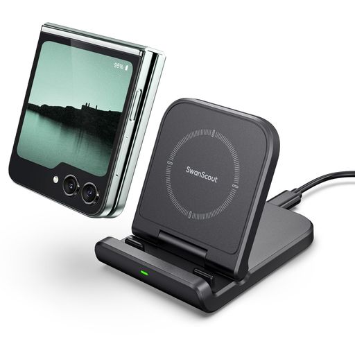 GalaxyZFlip対応ワイヤレス充電器、iPhone/Galaxy/Pixel対応充電スタンド、GalaxyZFlip7/6/5/4/3適用折り畳み置くだけ充電器、SwanScout501S