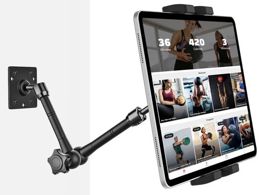 【2026金属製伸縮アーム】EXSHOW壁掛けタブレットホルダー携帯ipadホルダー両用壁掛けホルダースタンドキッチン/玄関/浴室/洗面所/オフィス/倉庫/寝室/ジム用360度回転横と縦耐久性安定性日…