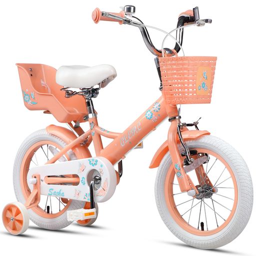 【Glerc】Sasha14インチ子供用自転車可愛い蝶柄女の子人気3歳4歳5歳6歳幼児小学生低学年乗り練習街乗り柔らかいサドル/前かご/補助輪/泥除け/ぬいぐるみ座席人形シート付き桃色ピンク