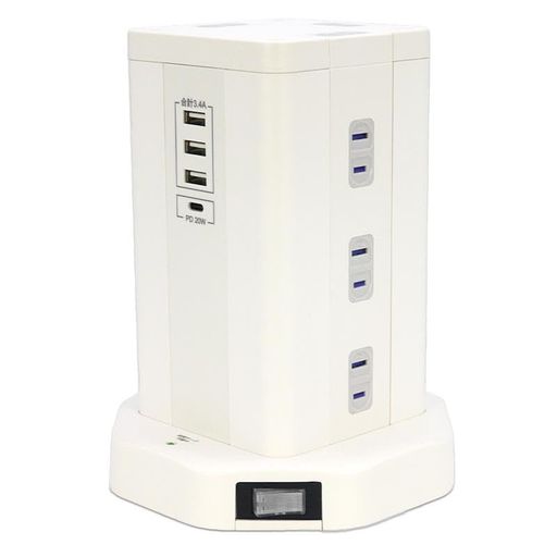 Folessan電源タップタワー延長コード2m12個ACコンセント4USBポート付OAタップテーブルタップ蛸足コンセント雷ガードオフィス/家庭給電用(ホワイト)