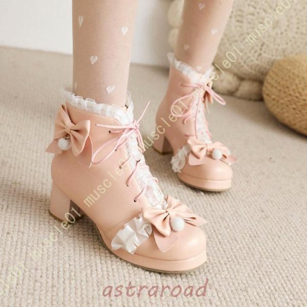 遊撃手ブーツ レディース ブーティ ロリータ ブーツ 秋冬 好いたらしい スピード競技 フラウンス つがい結び 胴締め飾り付け 森御嬢さん 革靴 スピード競技膨れ上がる 厚底ブーツ 靴-レインシューズ・長靴-ブーツ・長靴
