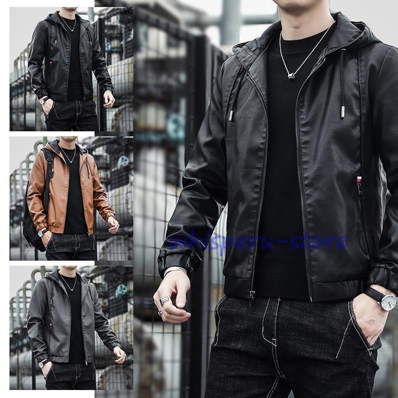楽天市場】レザー フード付き メンズ パーカー PU革ジャン ライダース