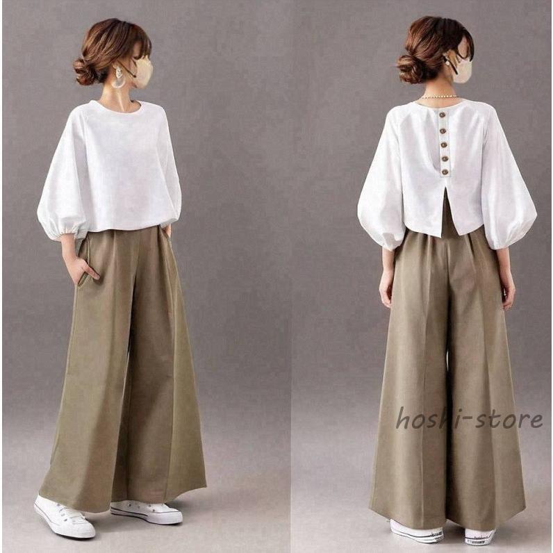 セットアップ レディース 夏 秋服 トップス ブラウス ショート丈 プルオーバー 丸首 七分袖 八分 ボトムズ ワイドパンツ ポケット付き ウエストゴム 大人 40代50