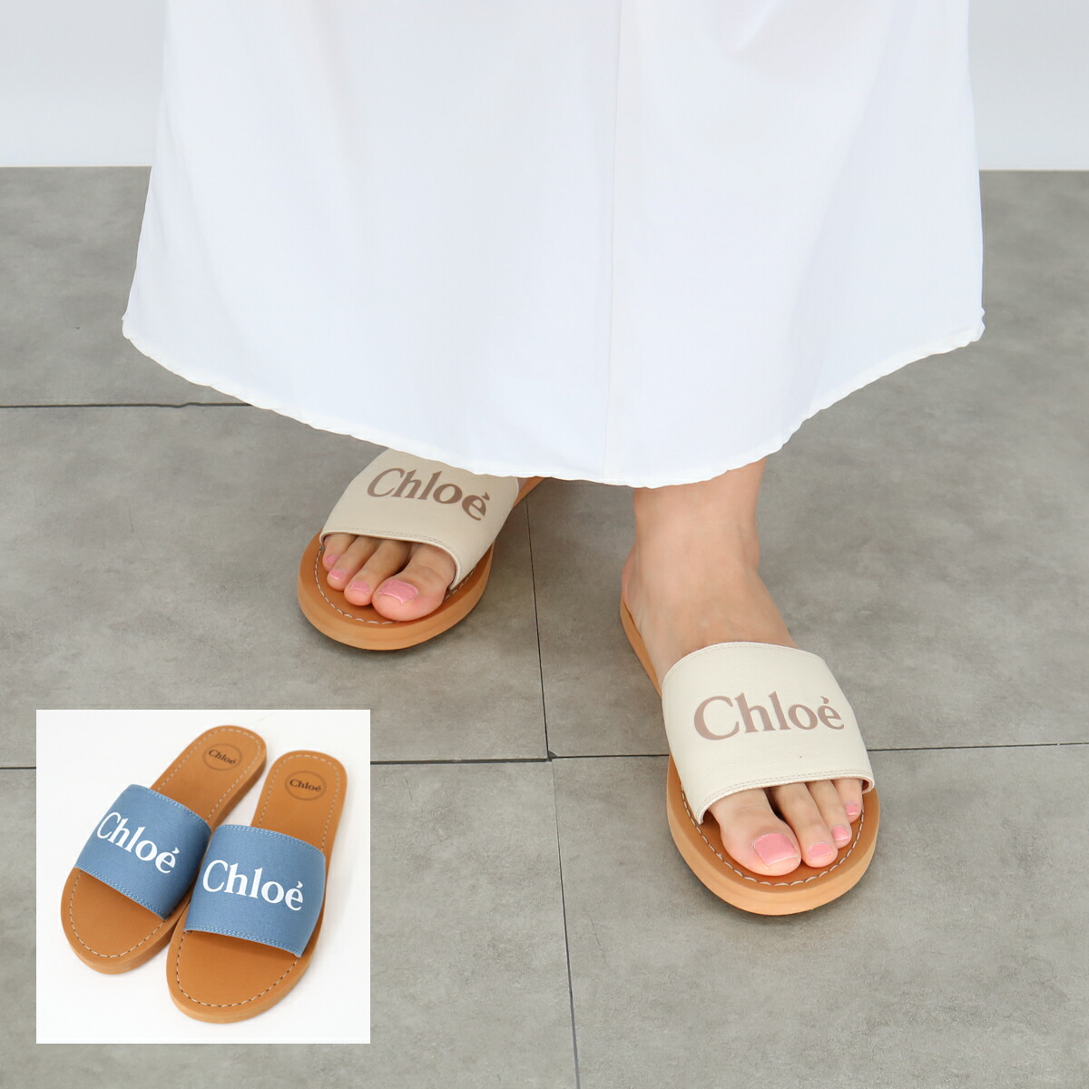 ■CHLOE KIDS クロエ キッズ スライドサンダル C20881 大人もOK！ フラットサンダル ロゴ 靴 シューズ レディース 子供 ガールズ OFF WHITE BLUE 【cp_0703】｜ＲＡＹＭＡＲＴ-レイマート-