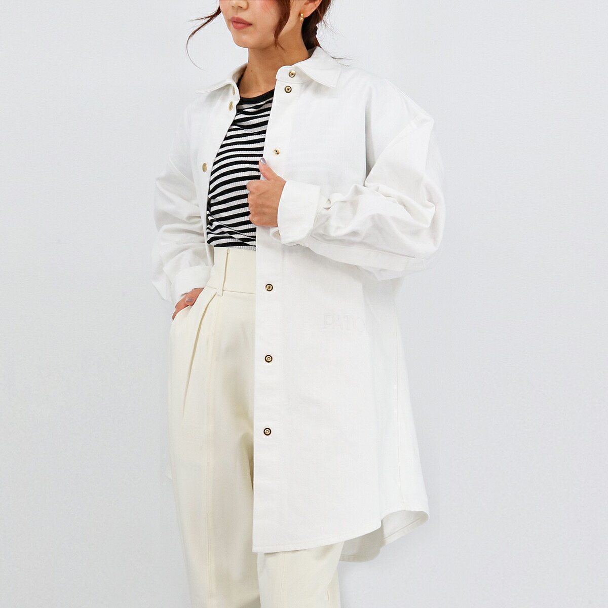 ◆PATOU パトゥ OVERSIZE SHIRT OU021 0081 コットン デニムオーバーサイズシャツ レディース 長袖 ロゴ刺繍 ブランド