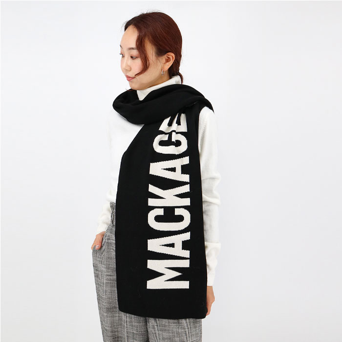 ◆MACKAGE マッカージュ JUNO-Z ロゴマフラー ストール ウール ニットスカーフ BLACK メンズ レディース ユニセックス ブランド|RAYMART-レイマート-