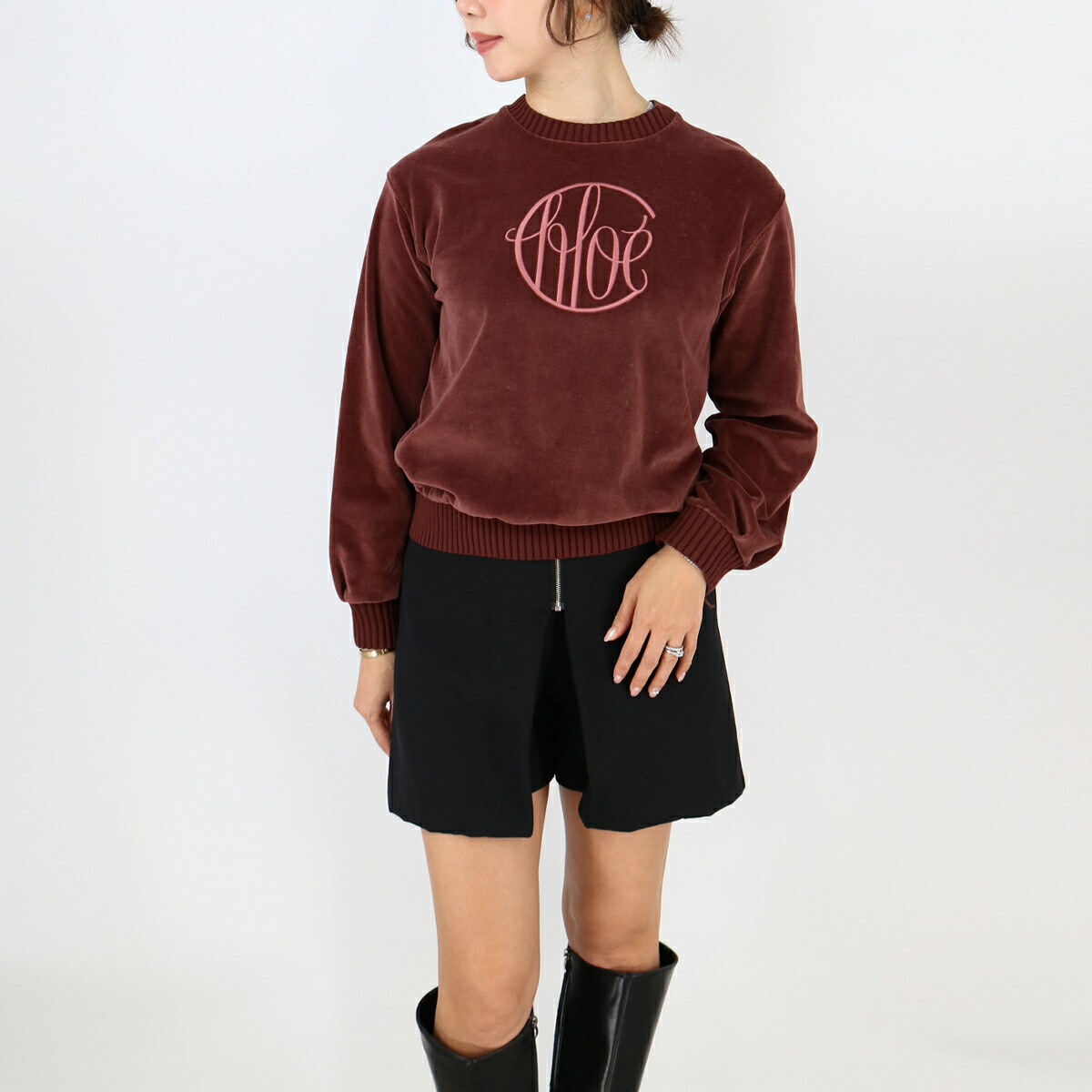 CHLOE KIDS クロエ キッズ ロゴトップス C20648 958/CRIMSON 【大人もOK！】プルオーバー クルーネック レディース 子供 ガールズ ベロア 長袖 ブランド