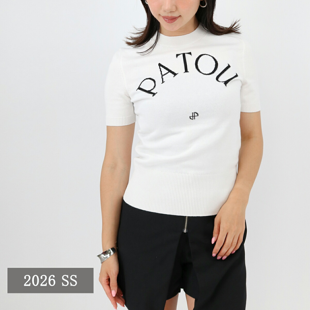 PATOU パトゥ KN0688045 ロゴ半袖ニット クルーネック レディース セーター ジャカードニット サマーニット WHITE コットン