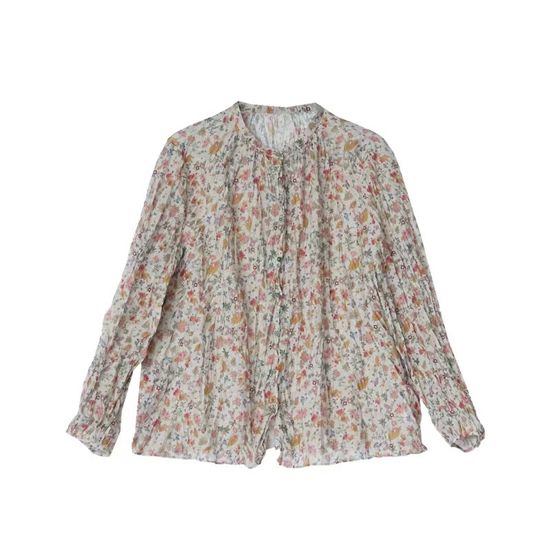ラミーシャツ 小花柄 プリーツ 長袖シャツ レディース ラミー100％ 麻 リネン ライトアウター ナチュラル 上品 女性トップス 春夏秋 ゆったり ワーク 通勤 休日 大人可愛い 体型カバー 柔らかい 薄手 通気性 吸湿速乾 おしゃれ 上品カジュアル ナチュラルコーデ｜RAY588 店