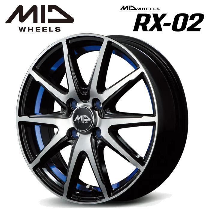 【欠品中 次回納期7月下旬頃】【送料無料・代引き可】【ホイール4本】MID WHEELS RX-02 15インチ 5.5J インセット43 4穴 P.C.D. 100 ブラックポリッシュ/アンダーカットブルー｜レイブロス　店