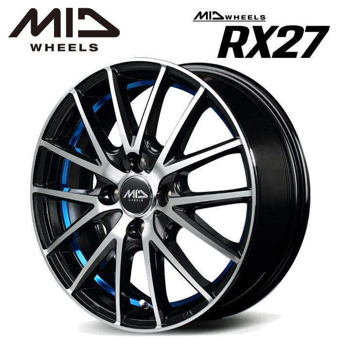 【送料無料・代引き可】【ホイール4本】MID WHEELS RX27 15インチ 5.5J インセット43 4HOLE P.C.D. 100 ブラックメタリックポリッシュ+アンダーカットブルークリアー｜レイブロス　店