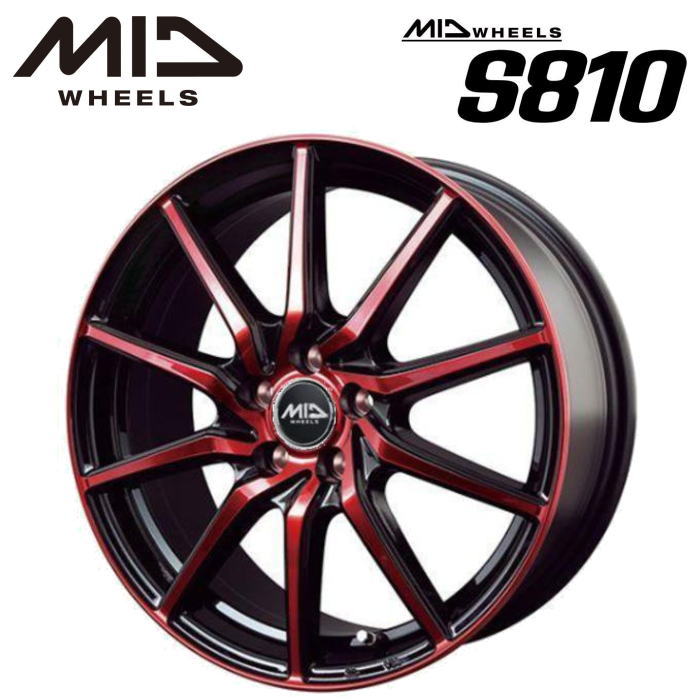 【送料無料・代引き可】【ホイール4本】MID WHEELS S810 17インチ 7J インセット50 5HOLE PCD 100 ブラックポリッシュ/レッドクリア|レイブロス 店