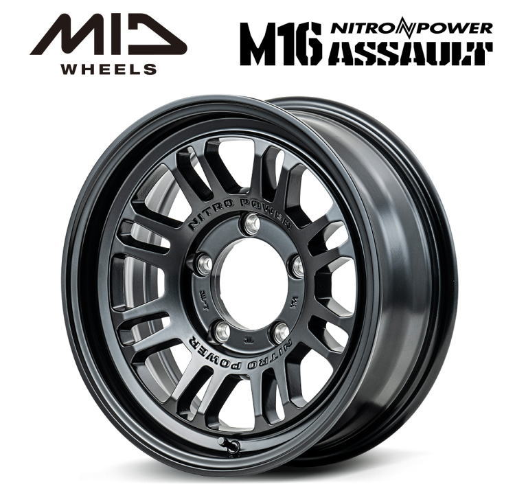【送料無料・代引き可】【ホイール単品1本】MID NITRO POWER M16ASSAULT M16アサルト 16インチ 6J インセット-5 5穴 P.C.D. 139.7 セミグロスブラック ジムニーシエラ JB43W JB74W