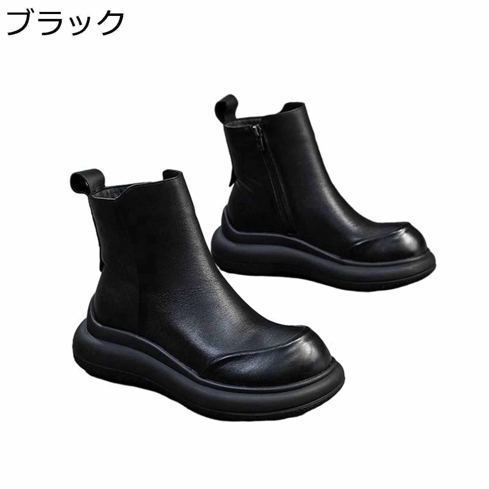 秋 冬用 ショートブーツ レザー サイドジッパー 厚底ブーツ 牛革 本革 レディース 裹起毛 短い筒 滑り止め 保温性 防寒 シンプル ゆった|rayoheistore