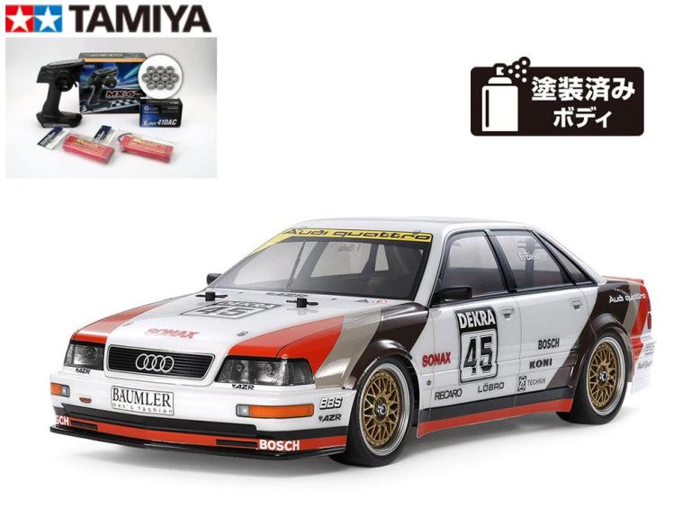!【TAMIYA/タミヤ】 58682 1/10 電動RC 1991 アウディ V8 ツーリング (TT-02シャーシ) + 走行用バッテリー2本、サンワ:MX-6 BL-SIGMA/HVS702仕様コンピュータプロポ+チャンプオリジナル:フルボールベアリング付ビギナーセット(未組立) ≪ラジコン≫