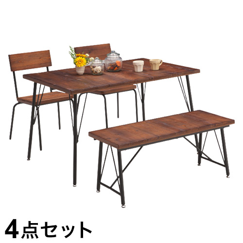 ダイニング 4点セット スチール 天然木 ダイニングチェア 2脚 ダイニングテーブル ダイニングベンチ パイン材 おしゃれ 北欧 アンティーク調 木製 木目 新生活 一人暮らし(代引不可)【送料無料】|リコメン堂