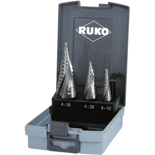 RUKO 2枚刃スパイラルステップドリルセット 3本組 コバルトハイス RUKO社 切削工具 穴あけ工具 ステップドリル 101026ERO(代引不可)【送料無料】｜リコメン堂