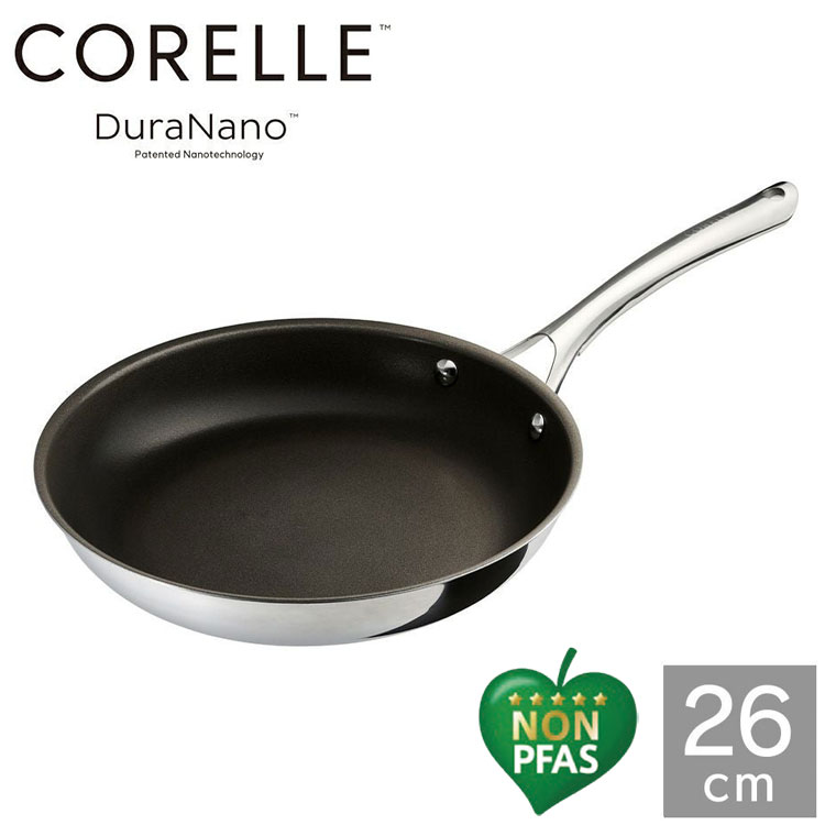 CORELLE コレール フライパン 26cm 10年保証 IH対応 ガス火OK フッ素不使用 PFOA PFAS フリー 強火調理 金属ツール オーブン DuraNano デュラナノ CSFP26SV ドウシシャ DOSHISHA【送料無料】|リコメン堂