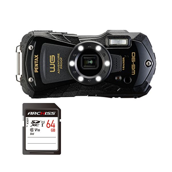 PENTAX デジタルカメラ WG-90 ブラック ＋ 64GB SDXCメモリカード 1セット デジカメ カメラ 写真 PC パソコン 周辺機器 家電