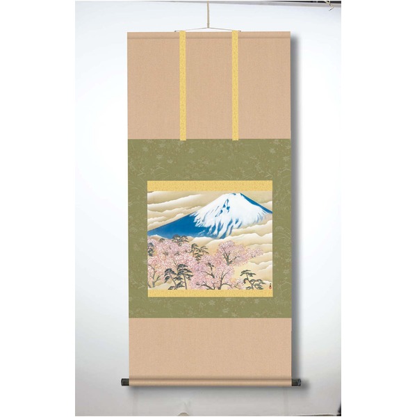 【横山大観生誕150年】富士図・富士絵画・高精彩特色技術絵■横山大観　霊峰富士掛軸(尺五)　冨士に桜図 (代引不可)
