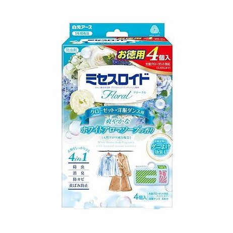 【単品9個セット】 ミセスロイドフローラル クローゼット・洋服ダンス用 4個入 1年防虫 ホワイトアロマソープの香り 白元アース(代引不可)【ポイント10倍】【送料無料】
