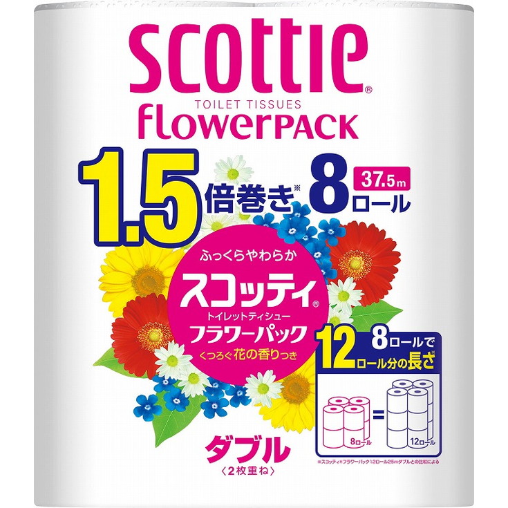 【単品18個セット】スコッティフラワーパック1.5倍巻き8ロールダブル 日本製紙クレシア(代引不可)【送料無料】
