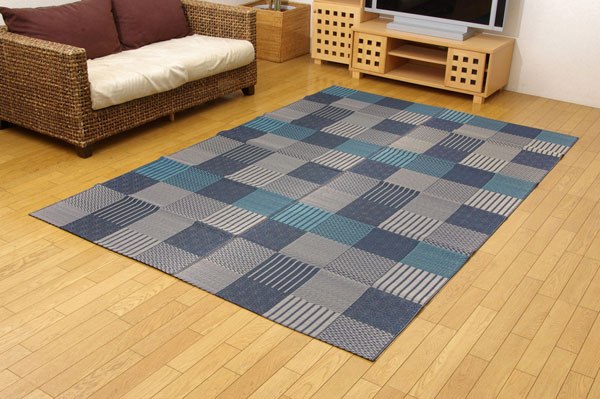 純国産 い草花ござカーペット 『京刺子』 ブルー 本間3畳（約191&times;286cm）【送料無料】【代引き不可】｜リコメン堂