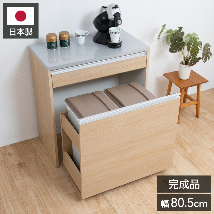 ダストボックス キッチンカウンター 幅80.5cm マリンナチュラル 日本製 完成品 2分別 45リットル 引き出し付き ゴミ箱 ごみ箱 レンジ台 ダストカウンター キッチン収納 隠す収納(代引不可)【送料無料】｜リコメン堂