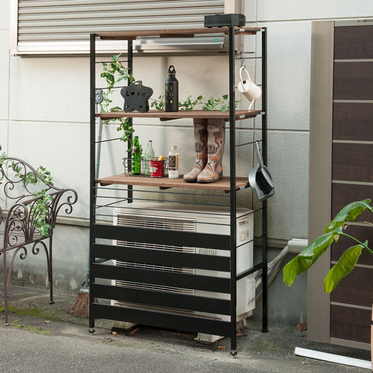 Seek 室外機カバー 上棚付きハイタイプ スタイリッシュ ヴィンテージ風 おしゃれ エアコンカバー 室外機 ガーデニング 棚 日よけ 雨よけ 雨避け エアコンラック ブラック ブラウン(代引不可)【送料無料】｜リコメン堂