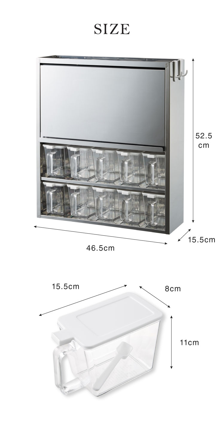 日本製 燕三条 フラップ扉 キッチン収納 調味料ラック 10杯 スパイスラック ステンレス 調味料ポット付き