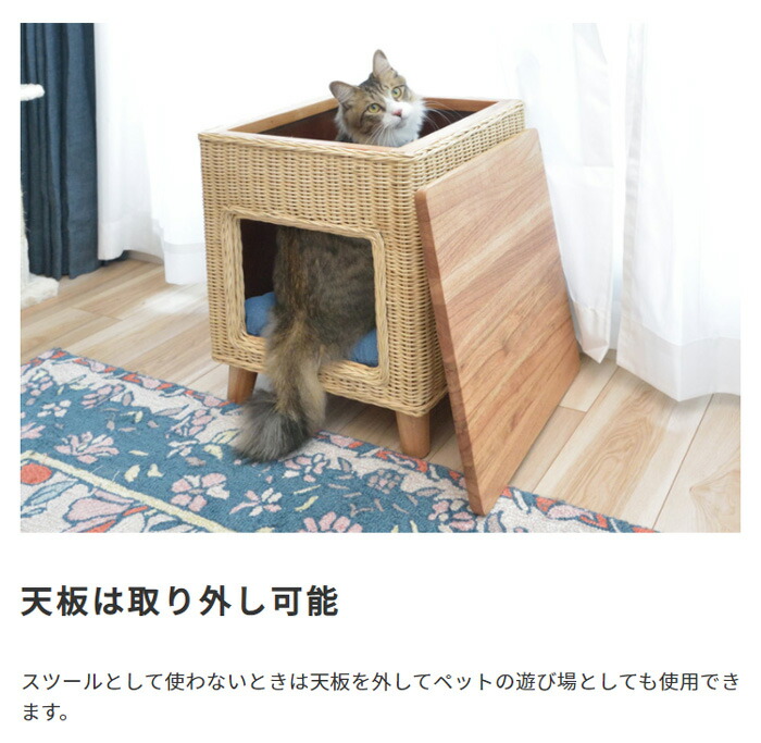ペットハウススツールラタン素材天然パイン天板ペットドッグハウス椅子イスペットスツール天然木ラタン(代引不可)【送料無料】