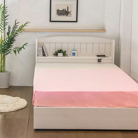 ベッド ダブル 棚 コンセント 引き出し付き カントリー調ベッド 二つ折りボンネルコイルマットレス付(代引不可)【送料無料】
