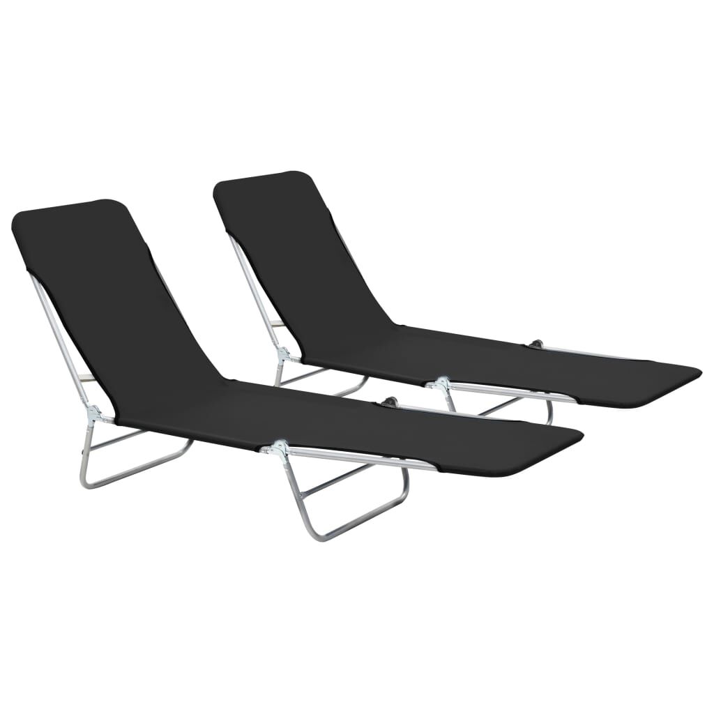 vidaXL 折りたたみサンラウンジャー 2点 スチール&布製 ブラック家具 アウトドア家具 屋外椅子 サンラウンジャー(代引不可)