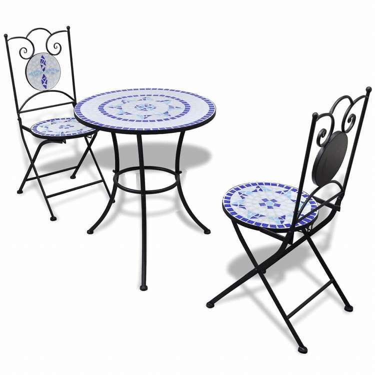 vidaXL ビストロ3点セット セラミックタイル ブルー&ホワイト家具 アウトドア家具 屋外家具セット(代引不可)｜リコメン堂