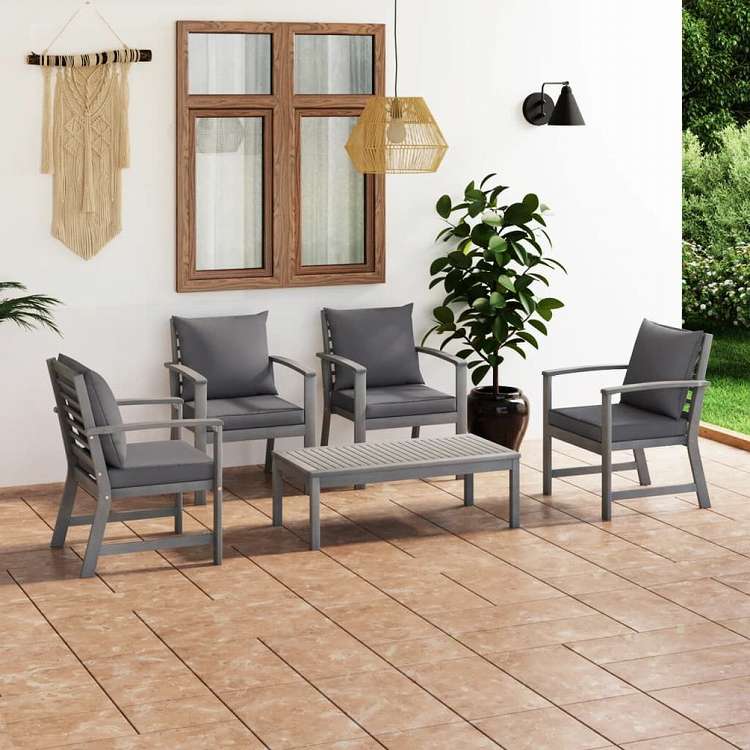 vidaXL ガーデンラウンジ5点セット クッション付き アカシア無垢材 グレー家具 アウトドア家具 屋外家具セット(代引不可)｜リコメン堂