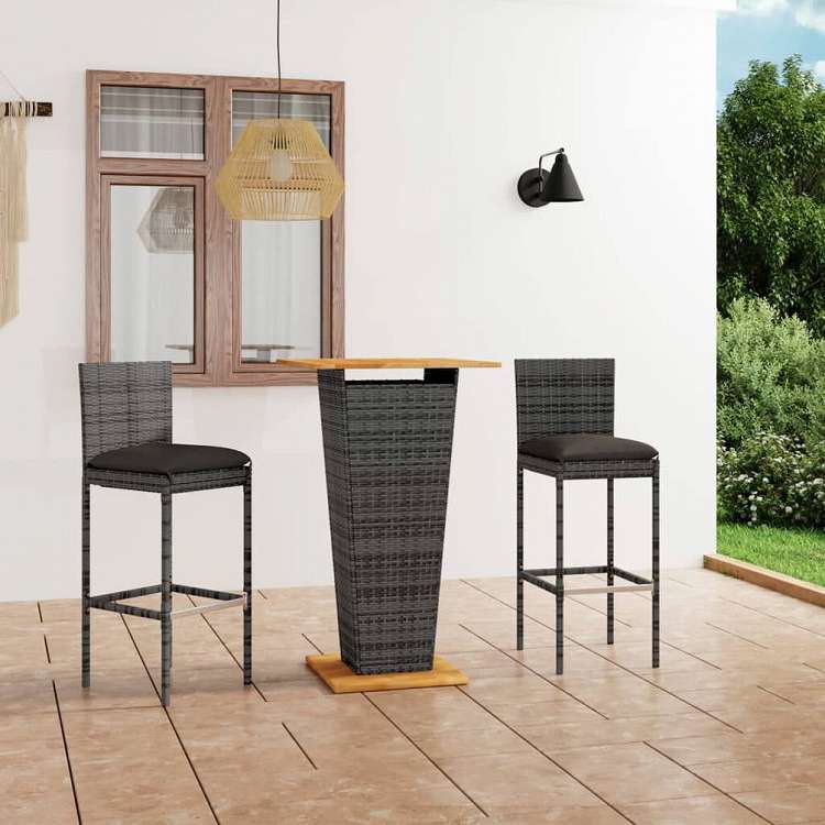 vidaXL ガーデンバーセット 3点 クッション付き ポリラタン製 グレー家具 アウトドア家具 屋外家具セット(代引不可)｜リコメン堂 32,061円
