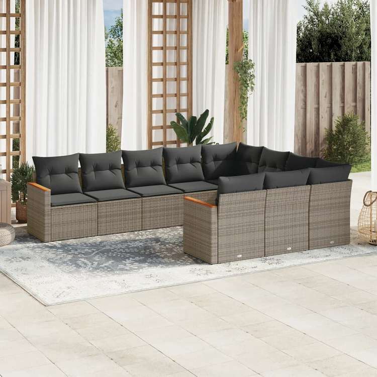vidaXL ガーデンソファ10点セット クッション付き ポリラタン製 グレー家具 アウトドア家具 屋外家具セット(代引不可)｜リコメン堂