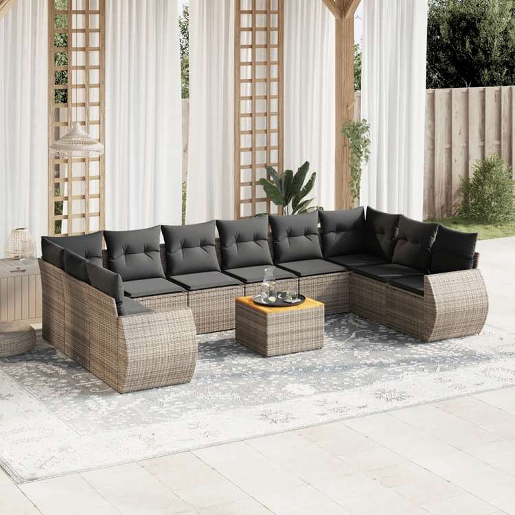 vidaXL ガーデンソファ11点セット クッション付き ポリラタン製 グレー家具 アウトドア家具 屋外家具セット(代引不可)|リコメン堂