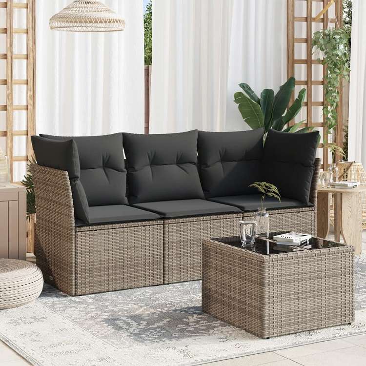 vidaXL ガーデンソファ4点セット クッション付き 灰色 ポリラタン製家具 アウトドア家具 屋外家具セット(代引不可)|リコメン堂