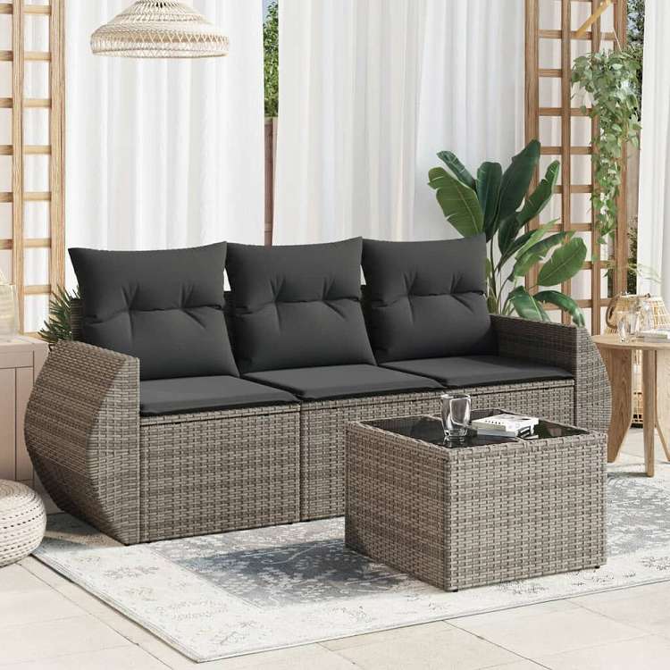 vidaXL ガーデンソファ4点セット クッション付き 灰色 ポリラタン製家具 アウトドア家具 屋外家具セット(代引不可)|リコメン堂