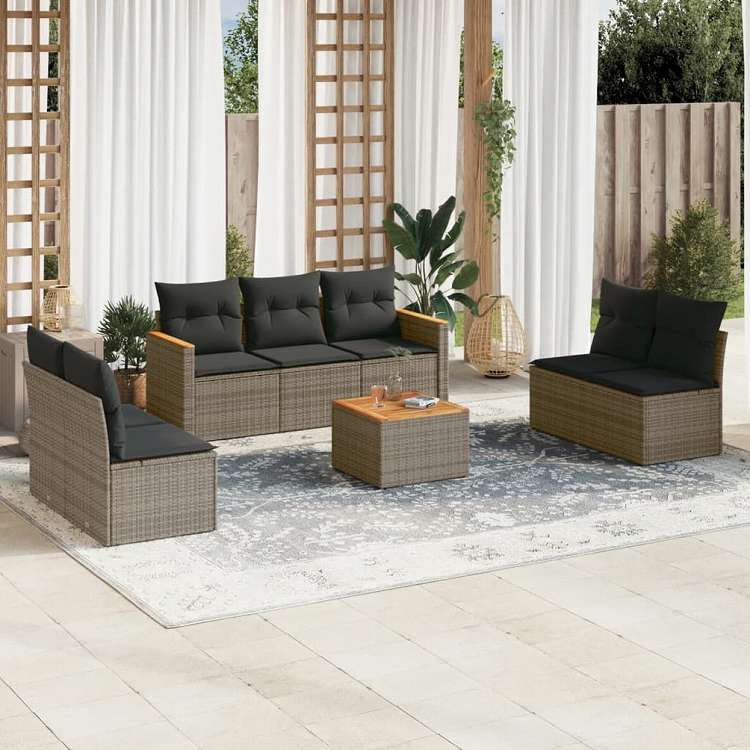 vidaXL ガーデンラウンジ8点セット クッション付き グレー ポリラタン製家具 アウトドア家具 屋外家具セット(代引不可)｜リコメン堂