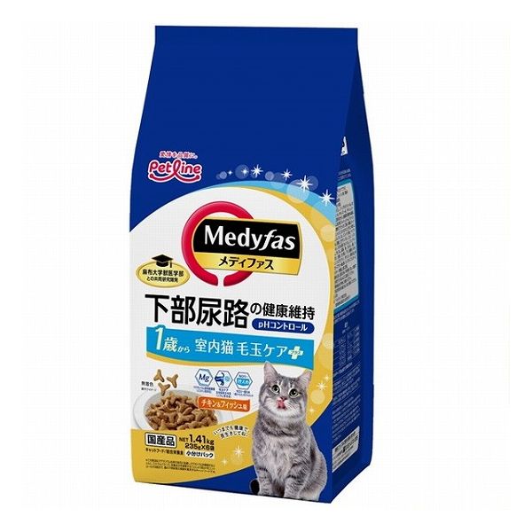 【4個セット】 ペットライン メディファス 室内猫 毛玉ケアプラス 1歳から チキン&フィッシュ味 1.41kg(235g×6)【送料無料】