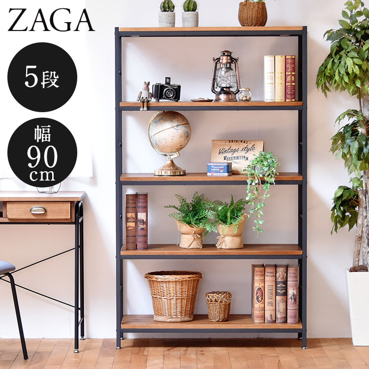 ZAGA アンティーク調 5段パイプラック 幅90cm 天然木&times;スチール 高さ152cm ブラウンアンティーク風 パイプラック 5段 ラック 幅90cm 高さ152cm 天然木 桐材【送料無料】｜リコメン堂インテリア館
