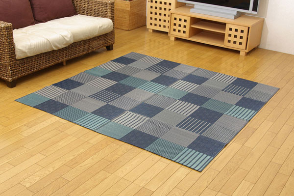 純国産 い草花ござカーペット 『京刺子』 ブルー 本間4.5畳(約286×286cm)【送料無料】【代引き不可】|リコメン堂インテリア館