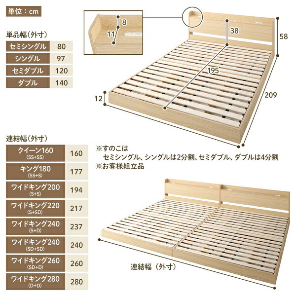 ベッド 低床 連結 宮付き LED照明付き モダン セミシングル ロータイプ コンセント付き ホワイト 木製 すのこ シンプル 棚付き  ポケットコイルマットレス付き ベッド